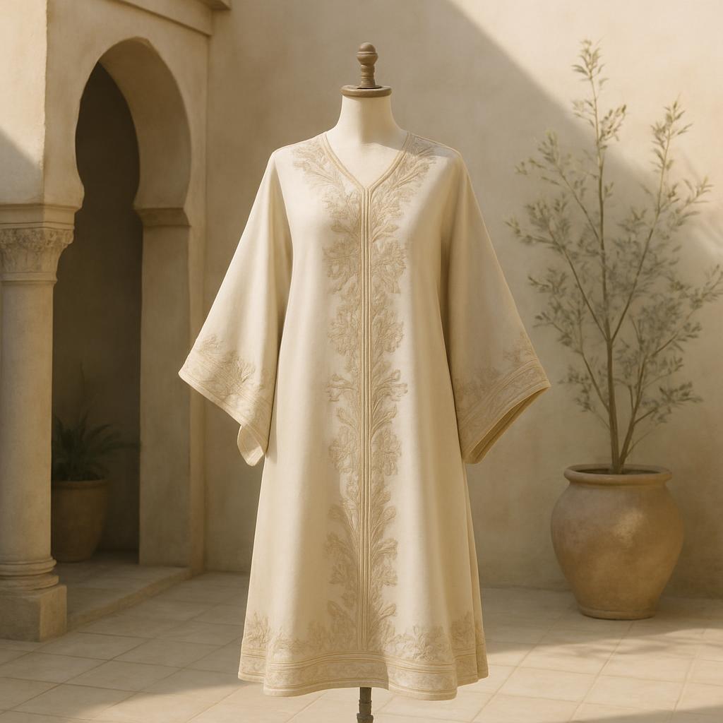 La tenue classique du djellaba est réduite à l'essentiel, montrant une impressionnante majesté dans ce vêtement essentiel ...